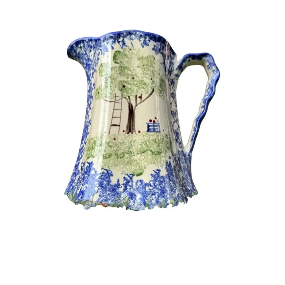 VTG Molly Dallas Blue Spatterware Ohio Folk Apple Tree Pitcher Wavy Handle 6.5